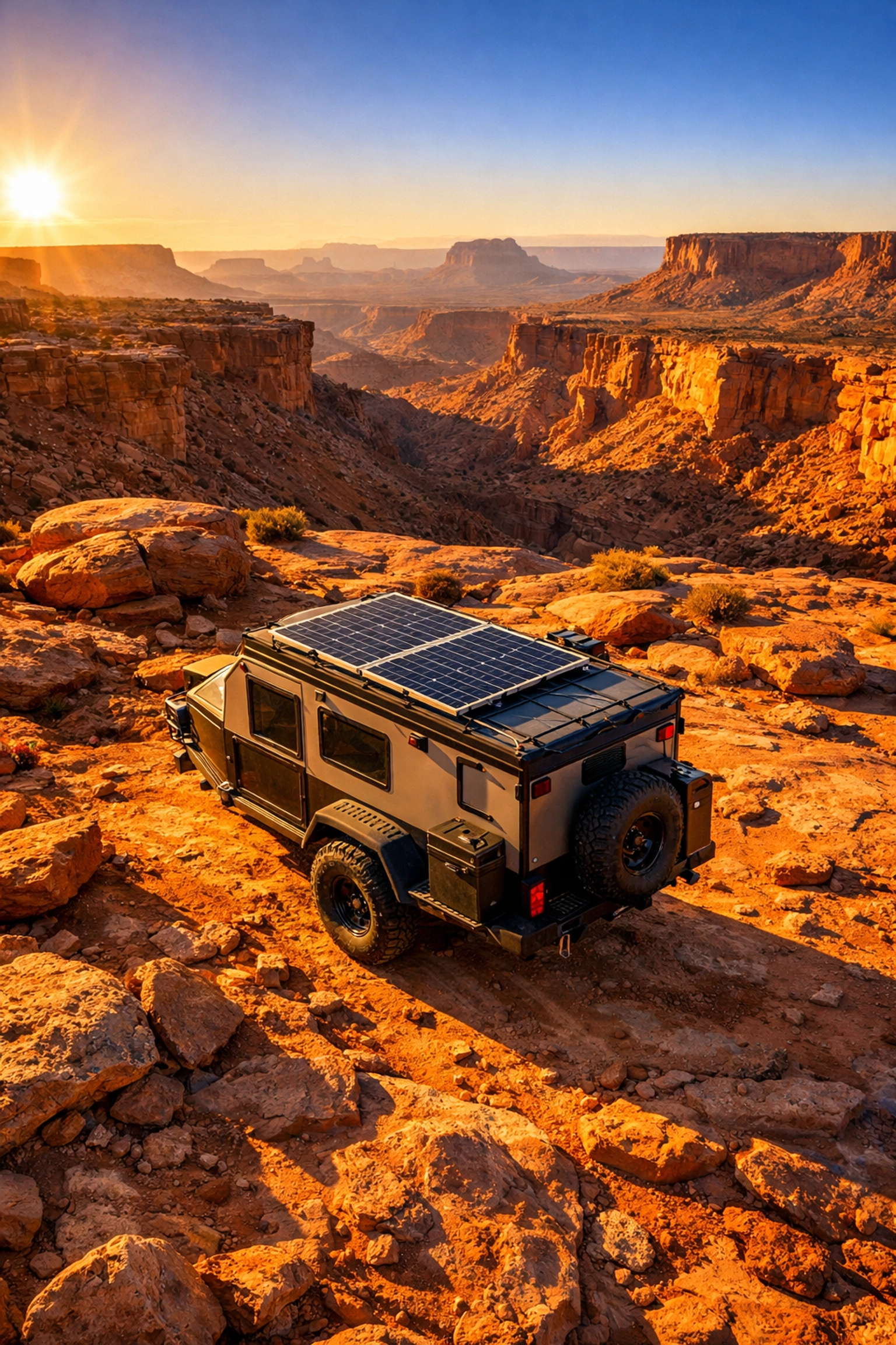 Off-road trailer camper with solar panels and high ground clearance on desert plateau