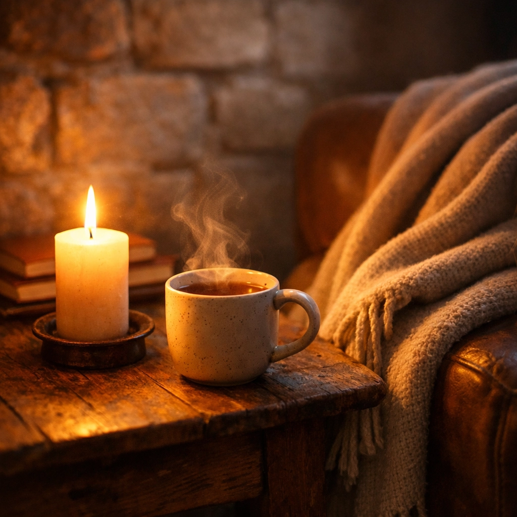 Creating a cozy home atmosphere at dusk with the warm glow of a luxury hand-poured soy candle.
