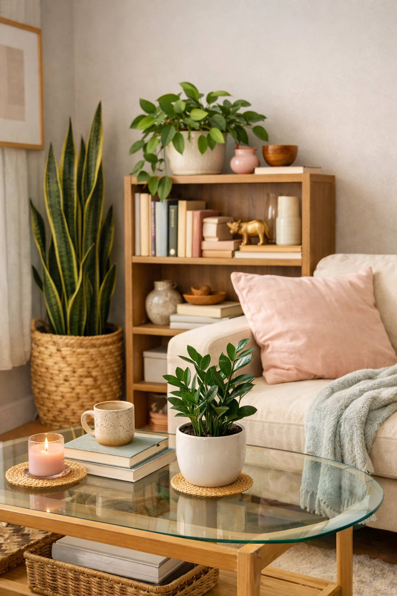 Small living room with plants at various heights including snake plant and ZZ plant