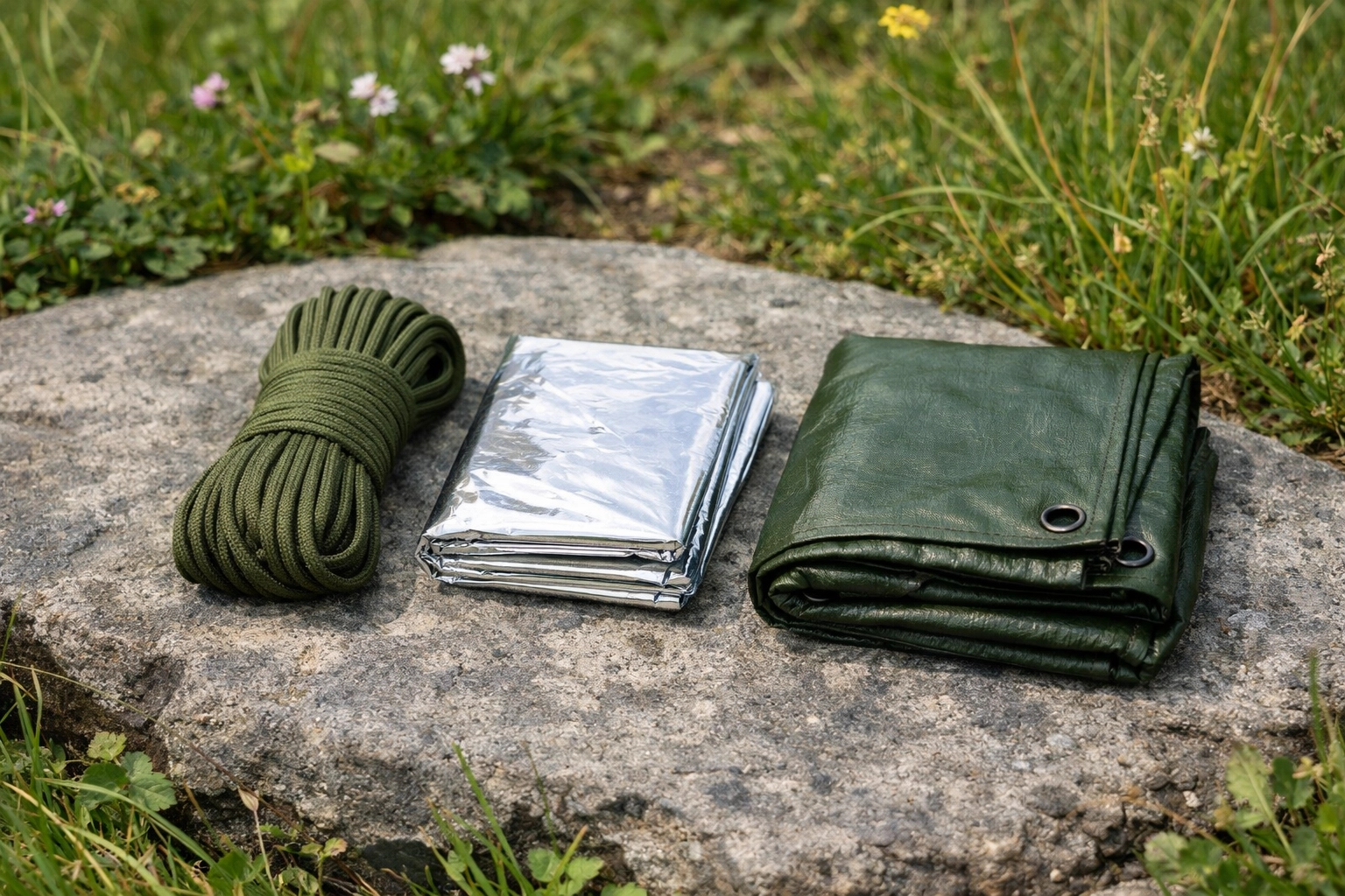 Essential wild camping survival gear including an emergency blanket, paracord, and waterproof tarp.