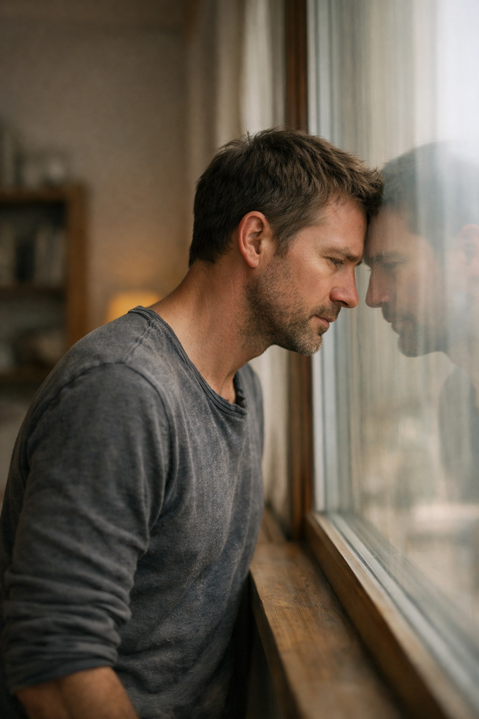 Gondolkodó férfi az ablaknál, a merevedési zavar és az alacsony tesztoszteronszint jeleivel.