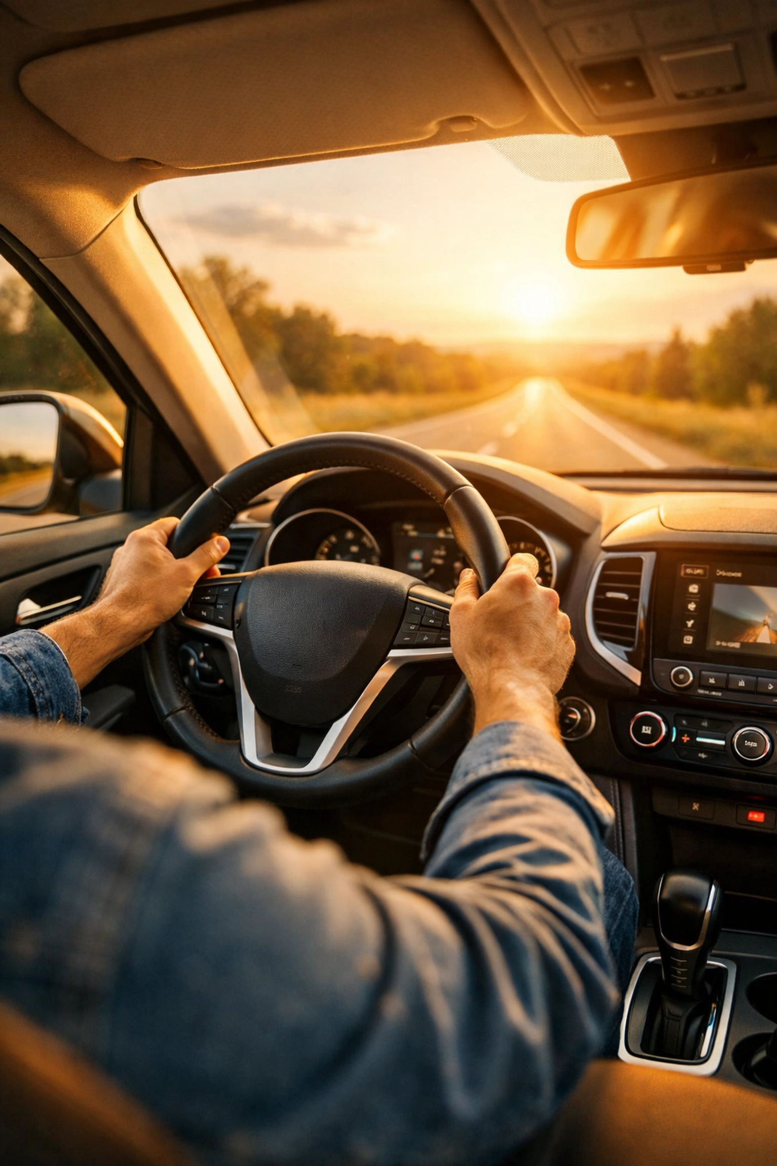 Driver with hands on the steering wheel on a clear road. A Greene County defense attorney protects your license.