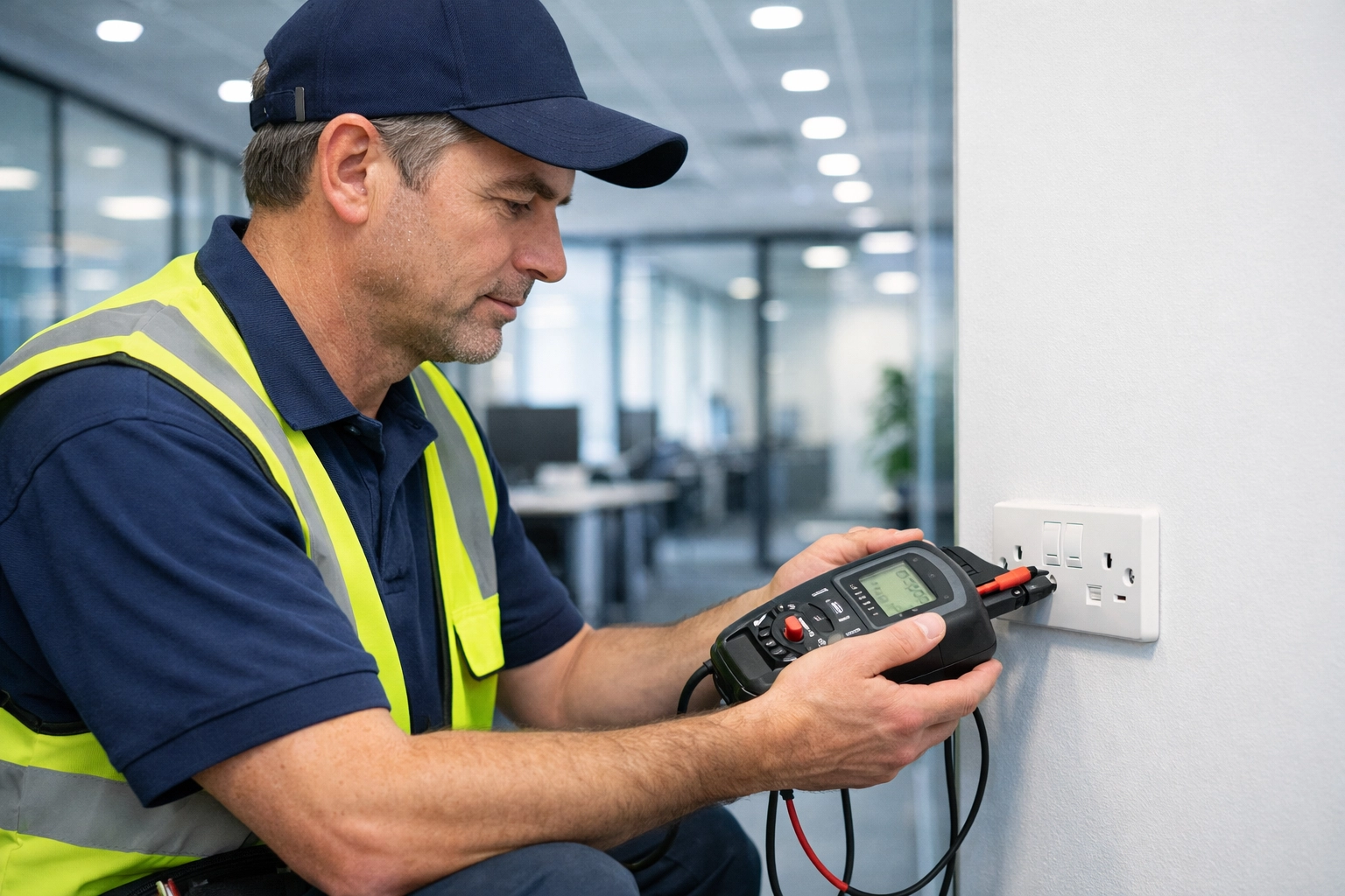 Professional electrician in Dorset performing a commercial electrical safety inspection in a modern office.