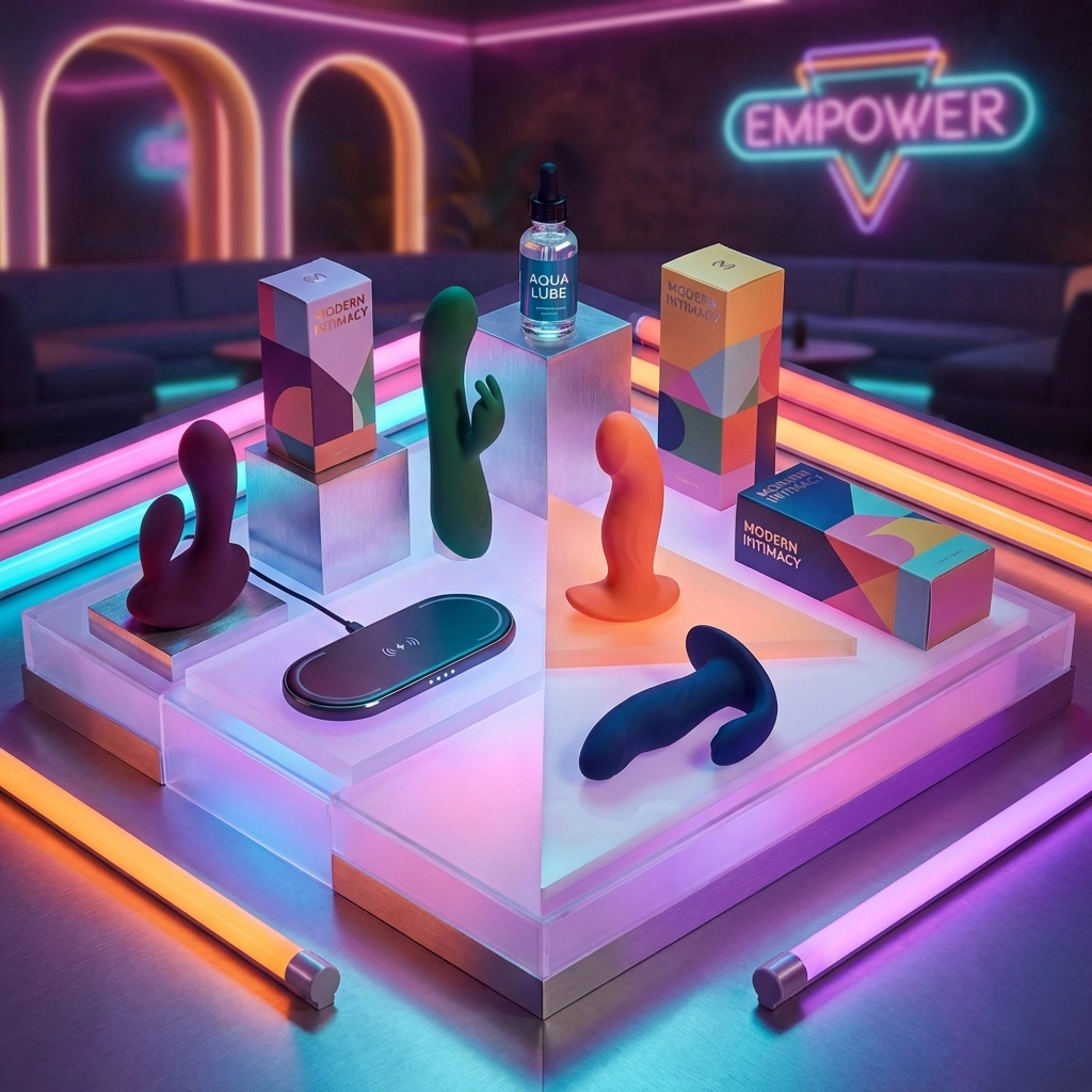 Collection of beginner-friendly sex toys with lubricant and charging accessories