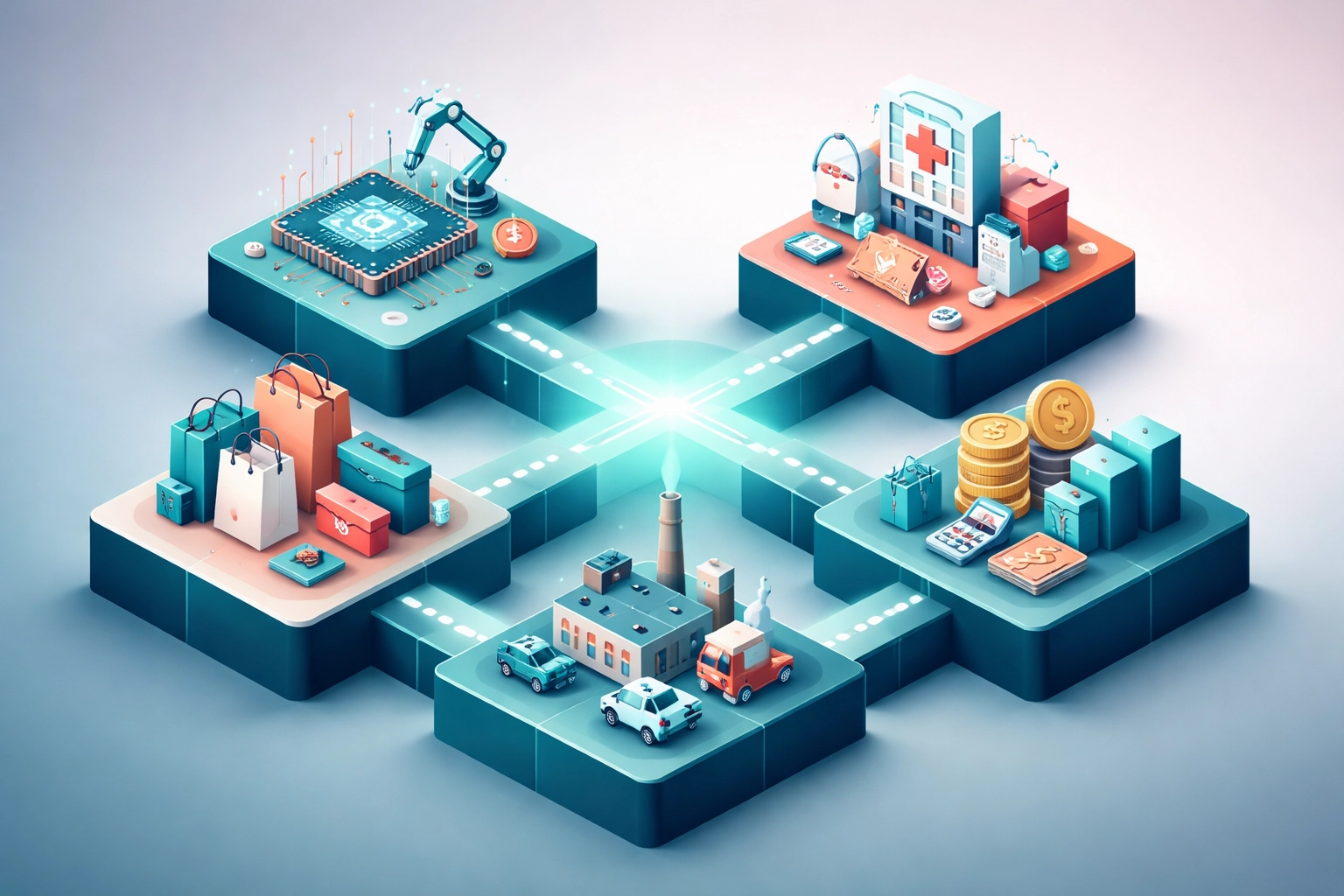 Illustration of multiple industry sectors interconnected, symbolizing sector diversification in private equity.