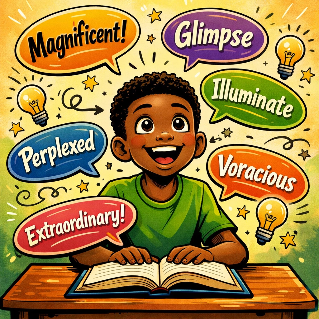 Young Black boy discovering new vocabulary words with excitement, illustrating CRC's character-building literacy approach