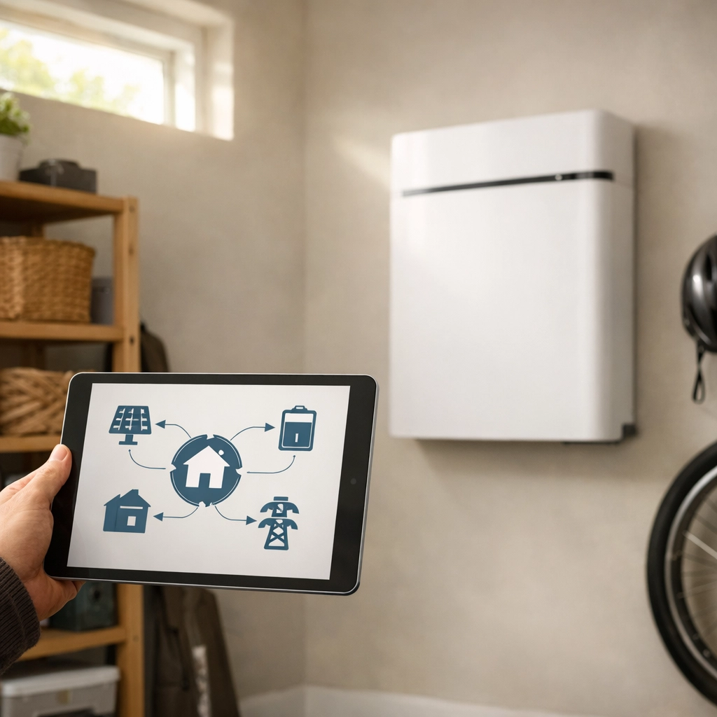 Homeowner monitoring energy flow from a wall-mounted solar battery storage system on a tablet.