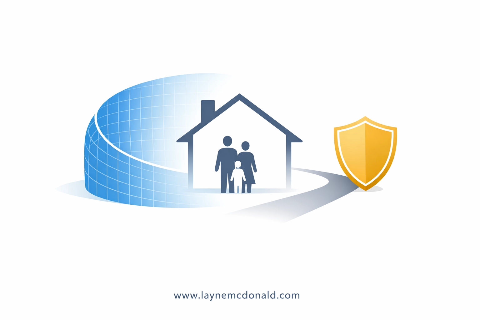 Digital safety illustration with a blue safety net and golden shield protecting a family home.