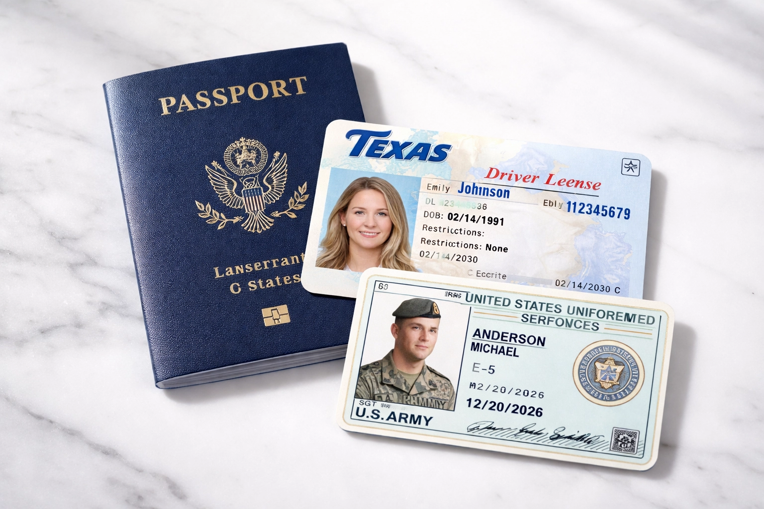 Government-issued IDs for Texas notary, including passport, driver's license, and military ID, on a marble surface