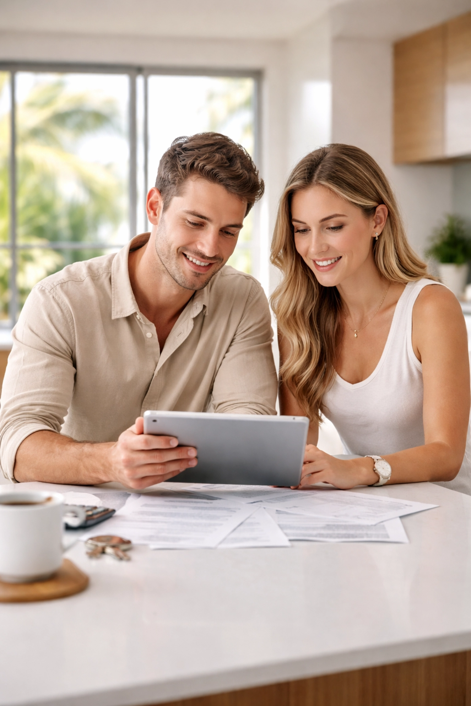 Young Brisbane couple reviewing property documents, representing financial planning for local families.