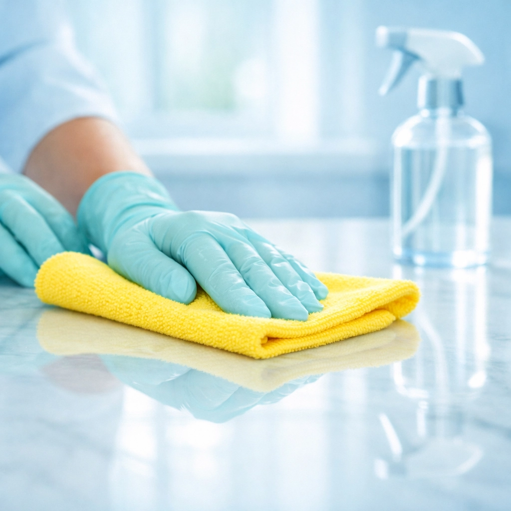 Meticulous house cleaning Waterloo Iowa professional polishing a marble kitchen island to a high shine.