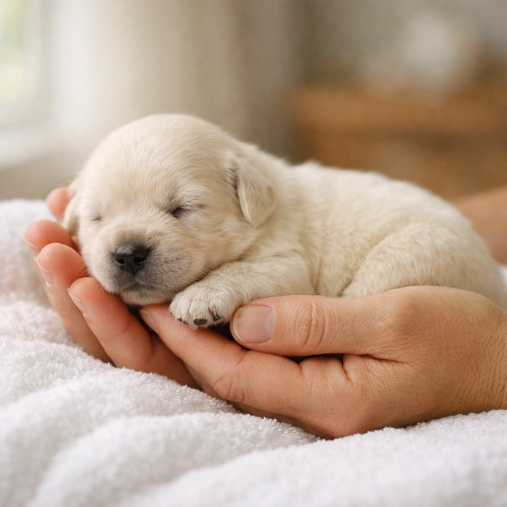 Breeder gently holding 5-day-old English Cream Golden Retriever puppy during early neurological stimulation
