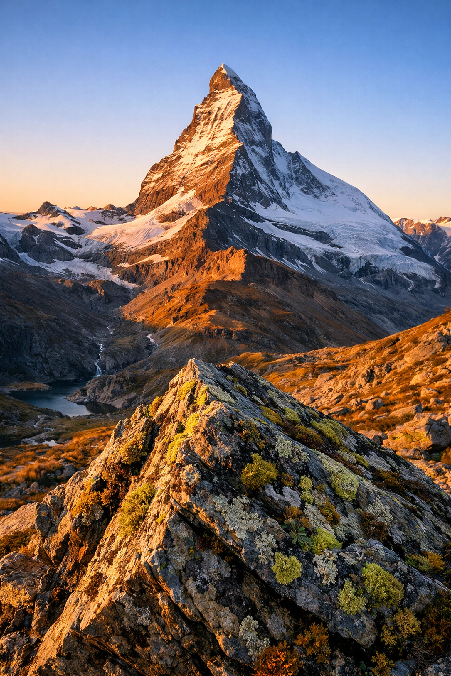 Sharp landscape photography showing deep depth of field from a foreground mossy rock to a sunrise mountain peak.