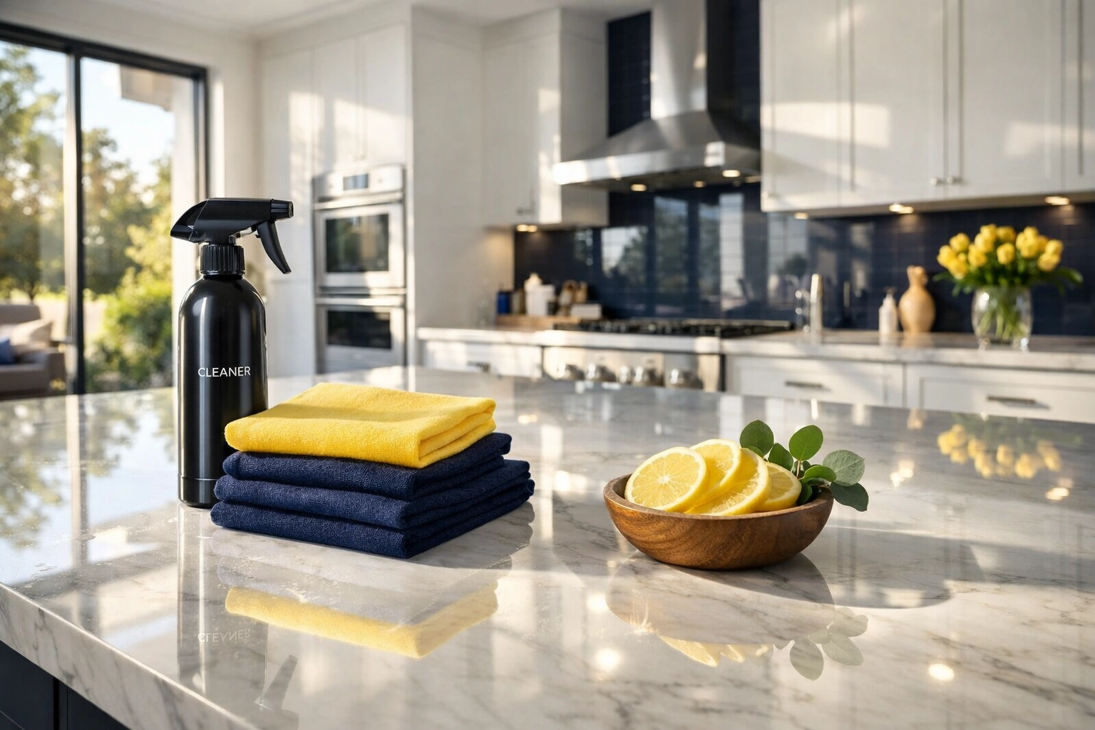 Professional eco-friendly house cleaning Worcester MA featuring a spotless modern kitchen and supplies.