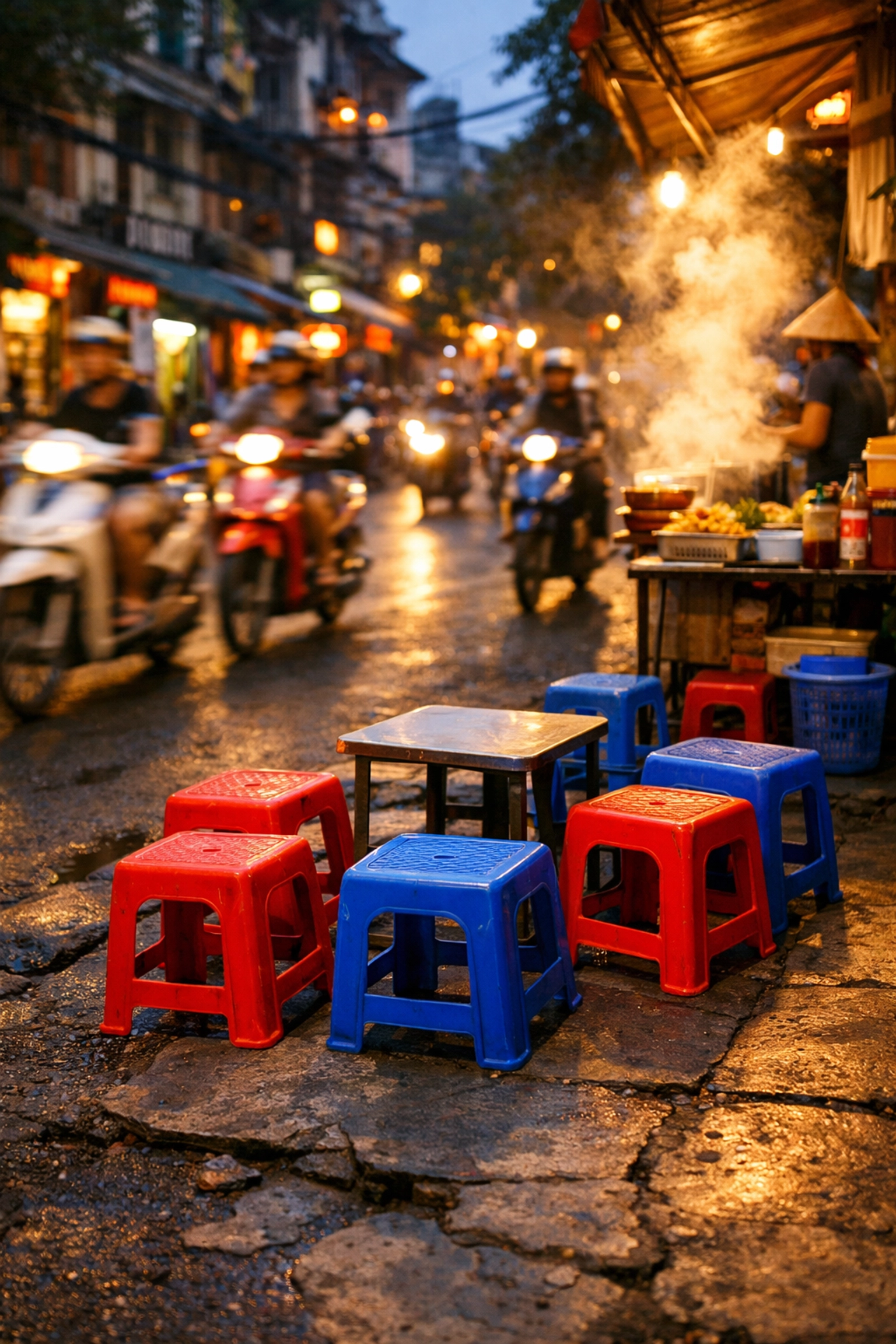Traditional plastic stools on a Hanoi Old Quarter sidewalk, a classic setting for budget travel food.