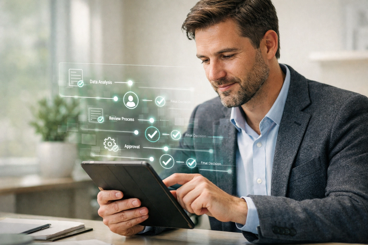 Finance expert reviewing an AI agent decision log and audit trail on a tablet, representing human-in-the-loop accounting.