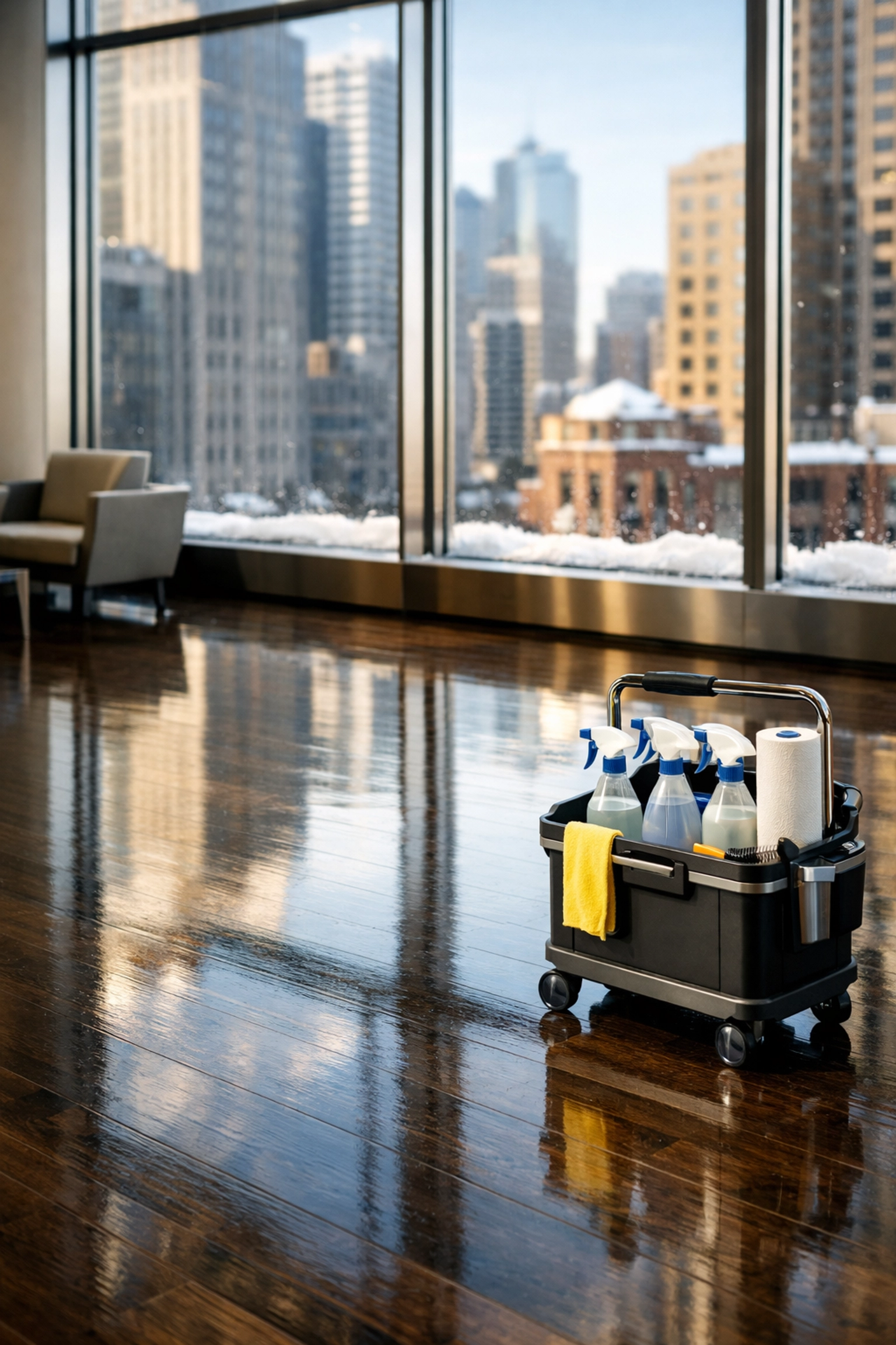 Pristine polished hardwood floors in a sunlit Chicago office lobby with professional janitorial supplies.