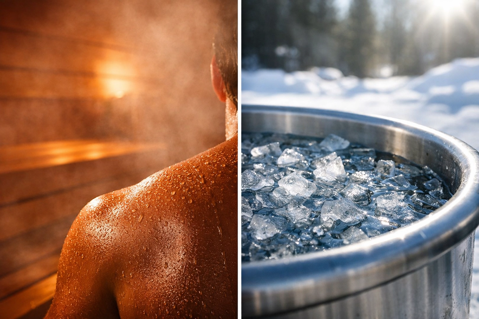 A split-screen view of a sauna and an ice bath showing thermal stress techniques to boost NAD+ naturally.
