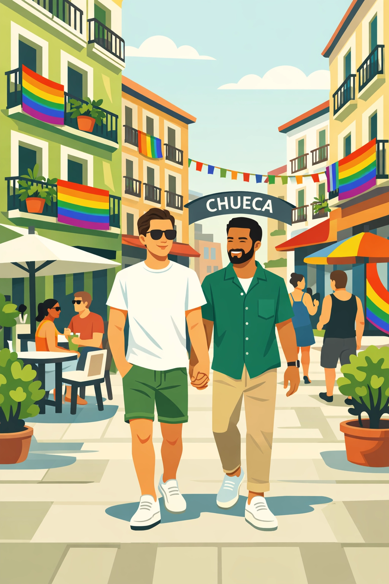 Gay couple walking hand-in-hand through modern Chueca during Madrid Pride celebration