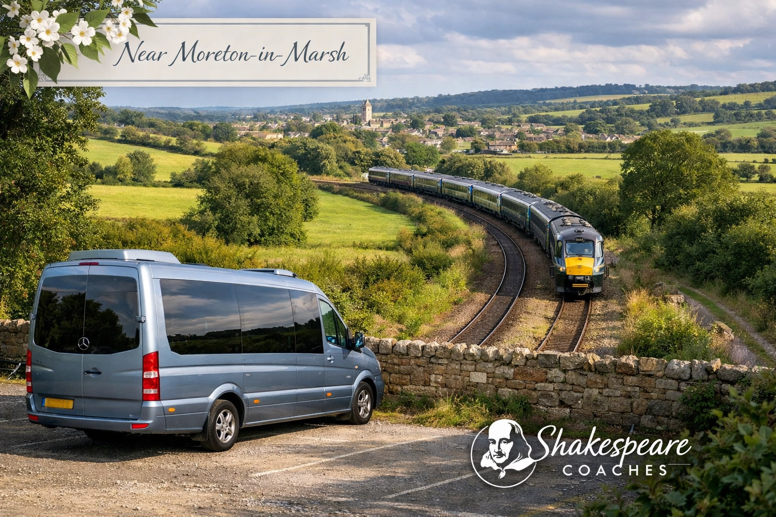 A GWR train at Moreton-in-Marsh station alongside a Silver Blue Mercedes minibus for Cotswold transfers.