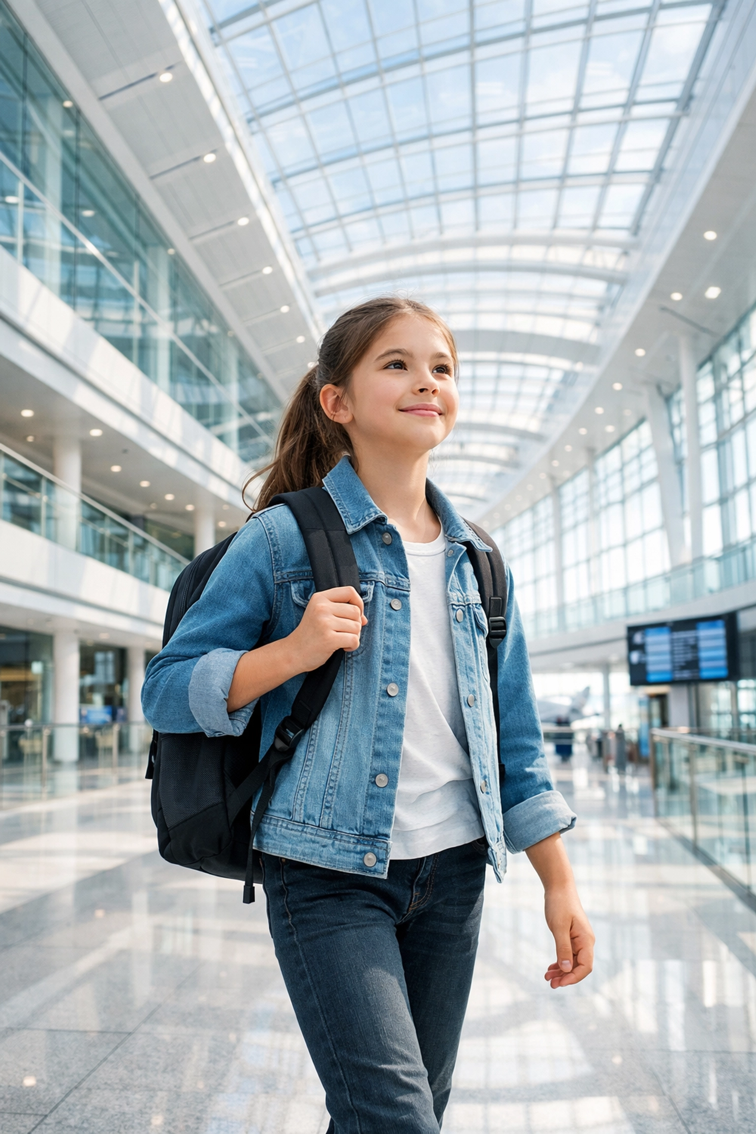 A confident young girl in a modern terminal, symbolizing global mobility and a future-ready legacy.