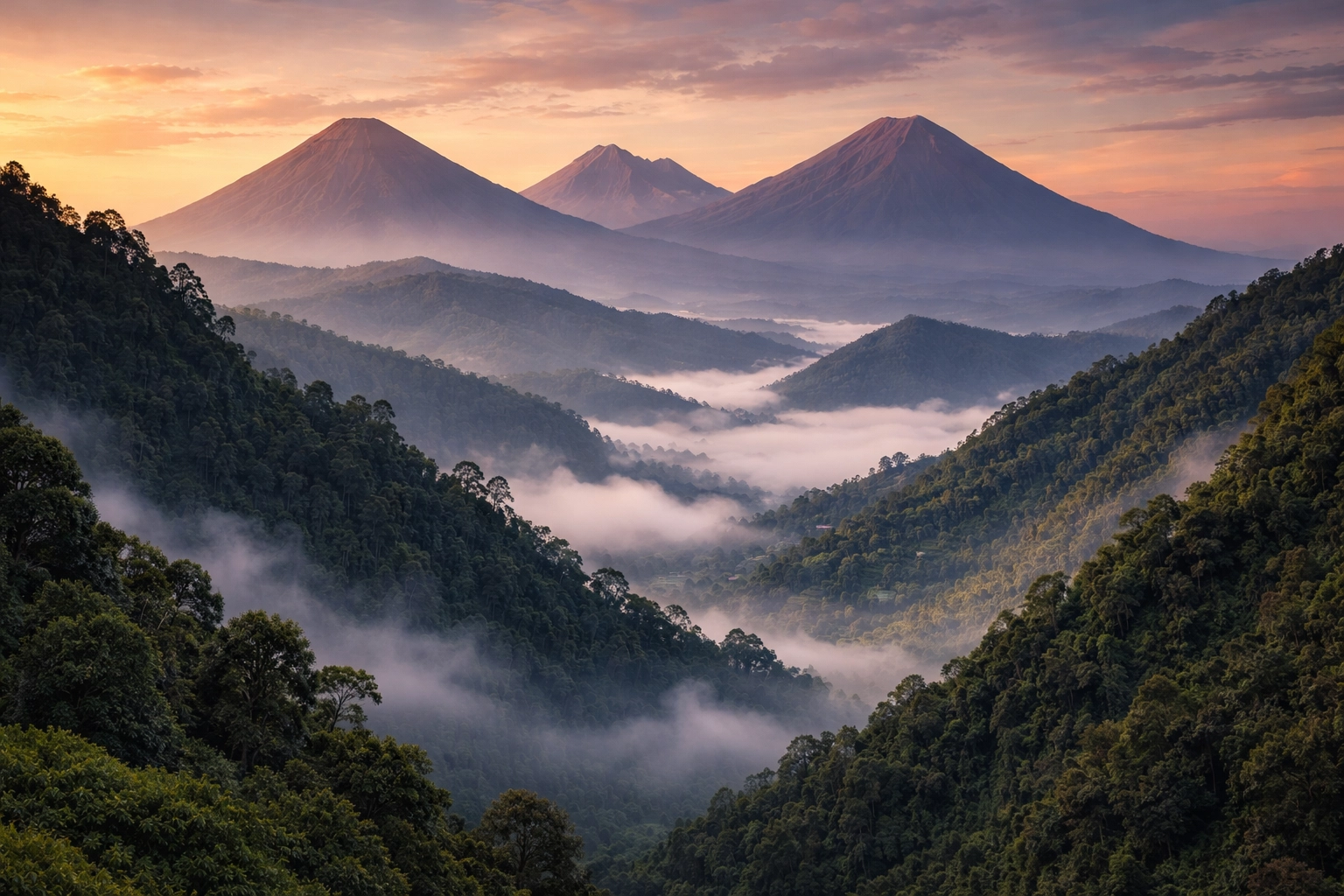 Nkuringo sector vista of Bwindi forest slopes with Virunga volcanoes on the horizon at sunrise.