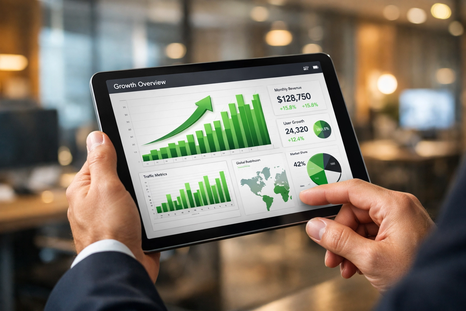 Professional reviewing a brand partnership analytics dashboard on a tablet to track real-time performance and KPIs.