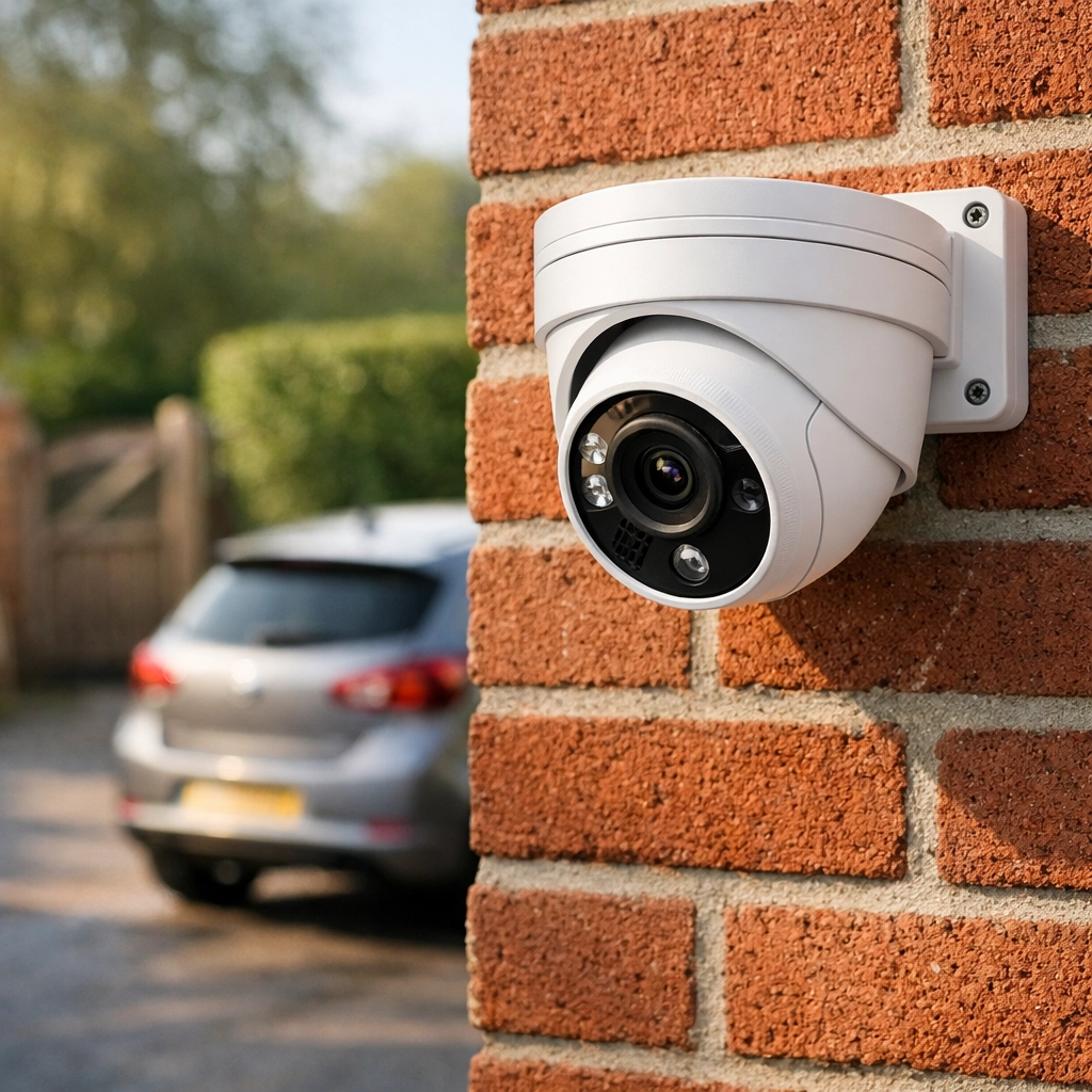 Professional home CCTV installation on a red brick house in Devizes for high-definition security.