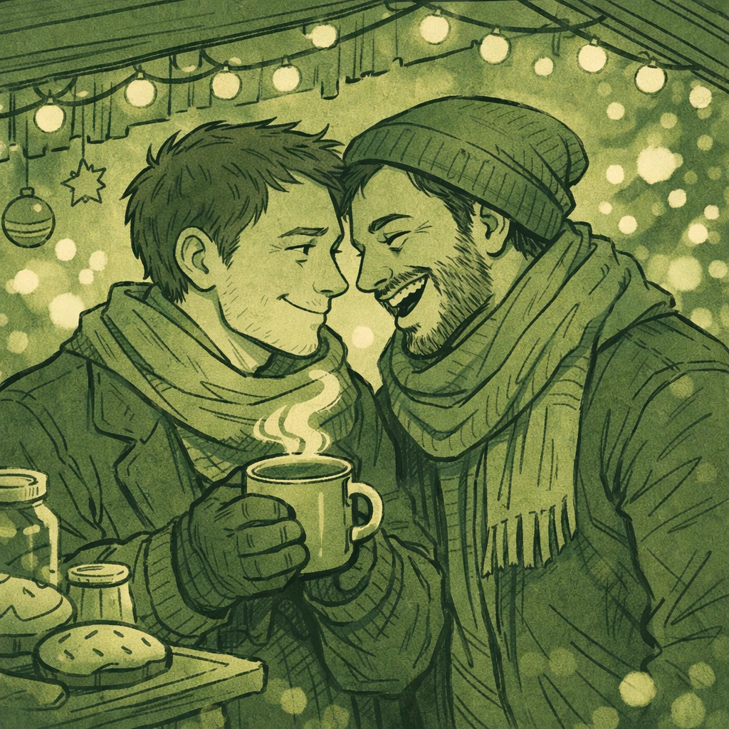 Two men meeting at Christmas market in MM romance A Family for Christmas by Dick Ferguson