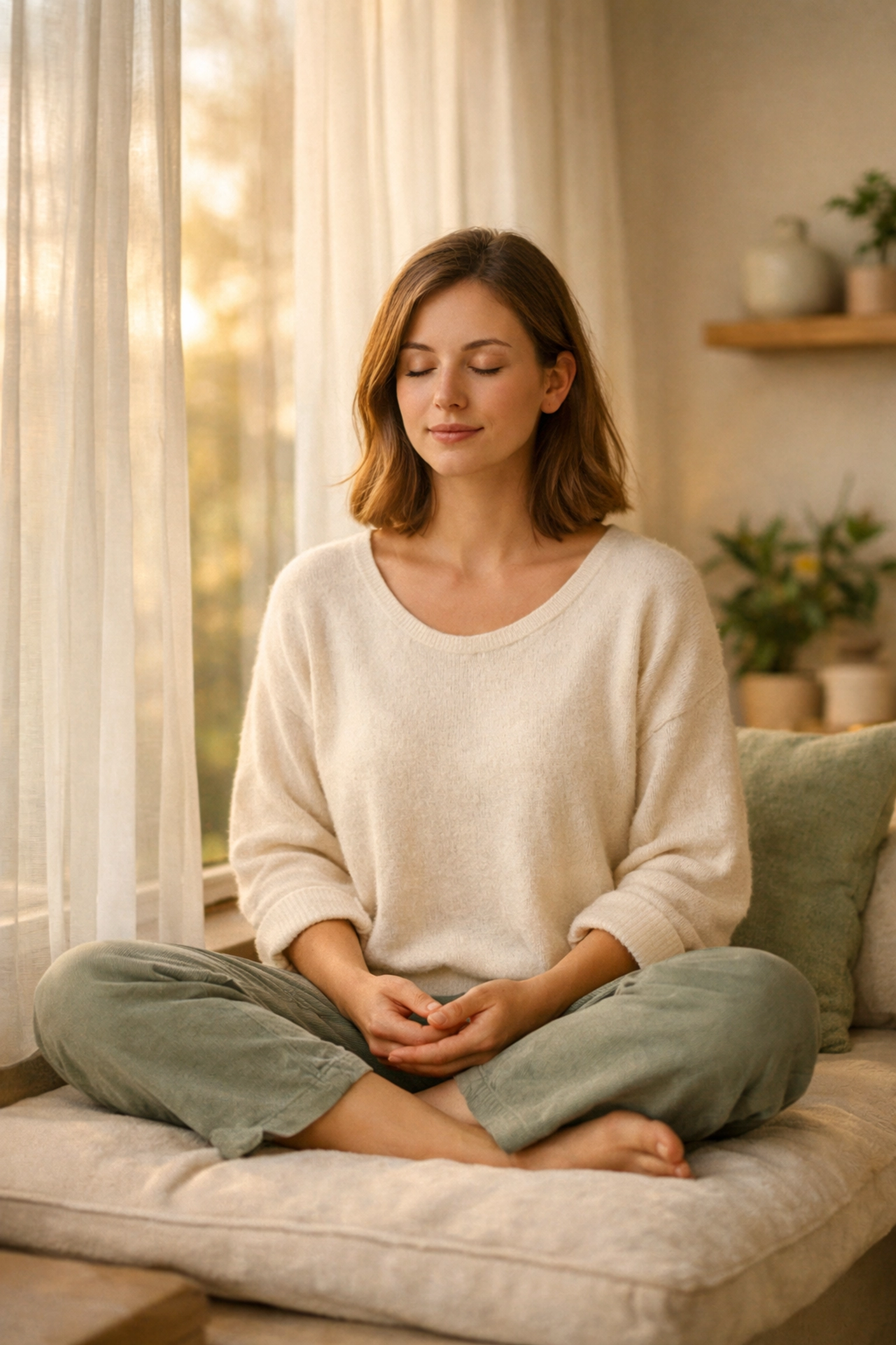 Woman sitting peacefully in prayer and meditation by window in calm home environment