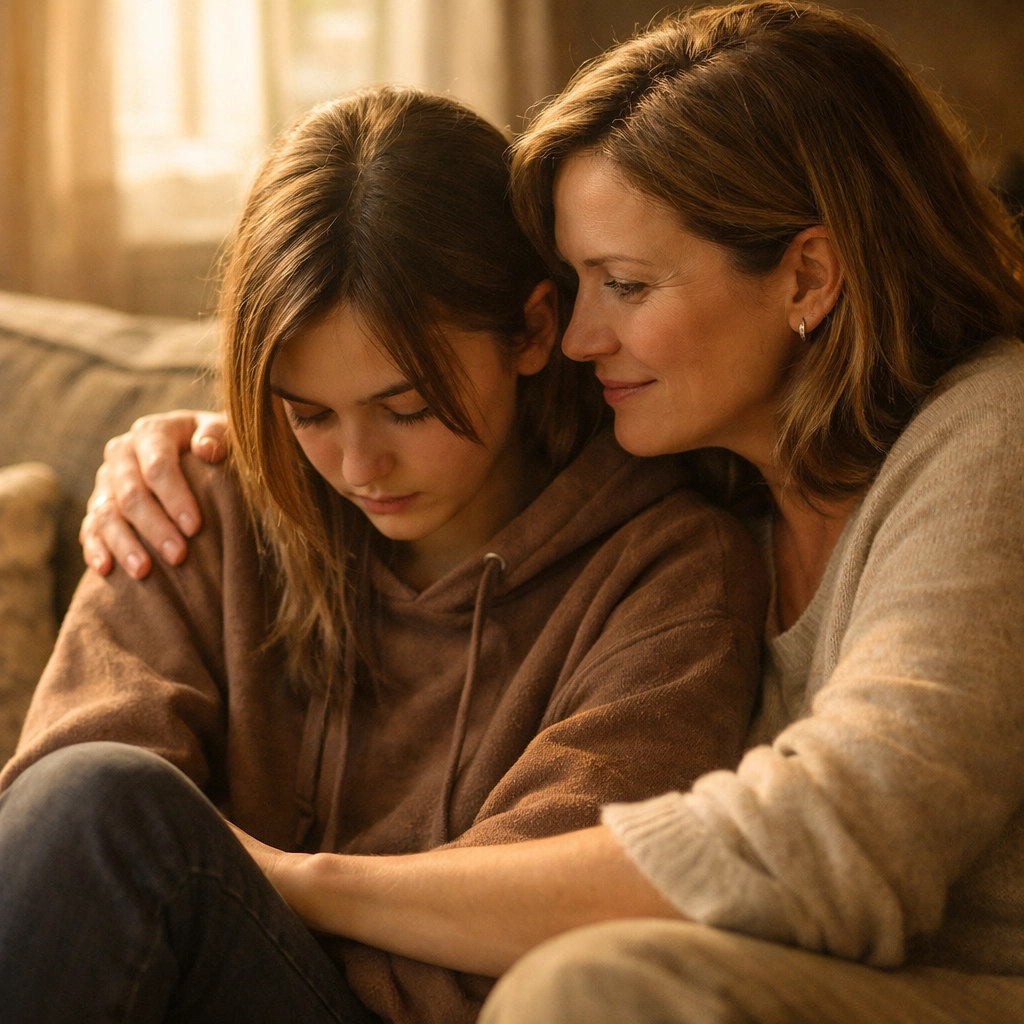 Christian parent comforting depressed teen on couch, listening with compassion