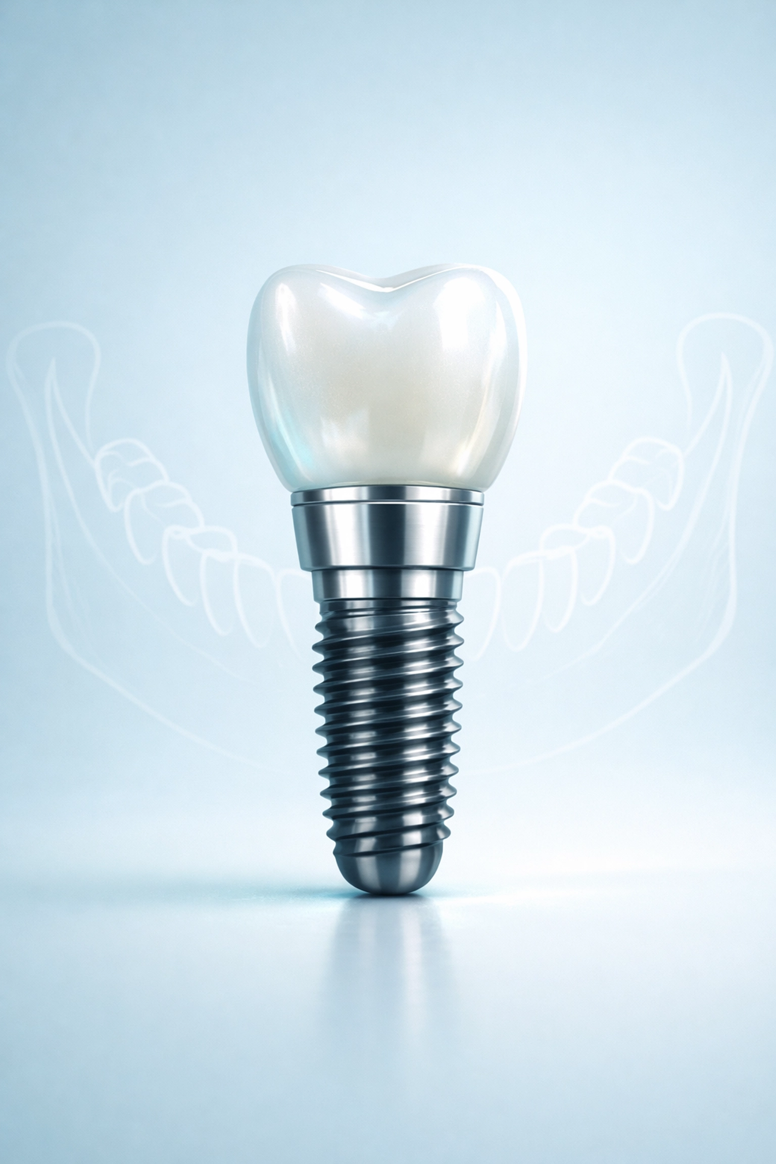 Modern dental implant showing a titanium post and crown for permanent tooth replacement.