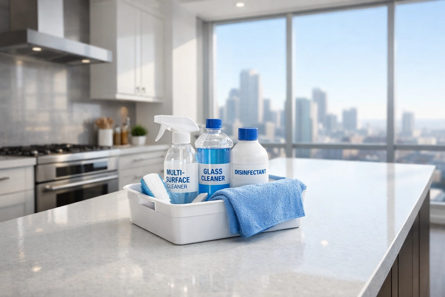 Professional move-out cleaning supplies in a modern kitchen overlooking a Midwest city skyline.