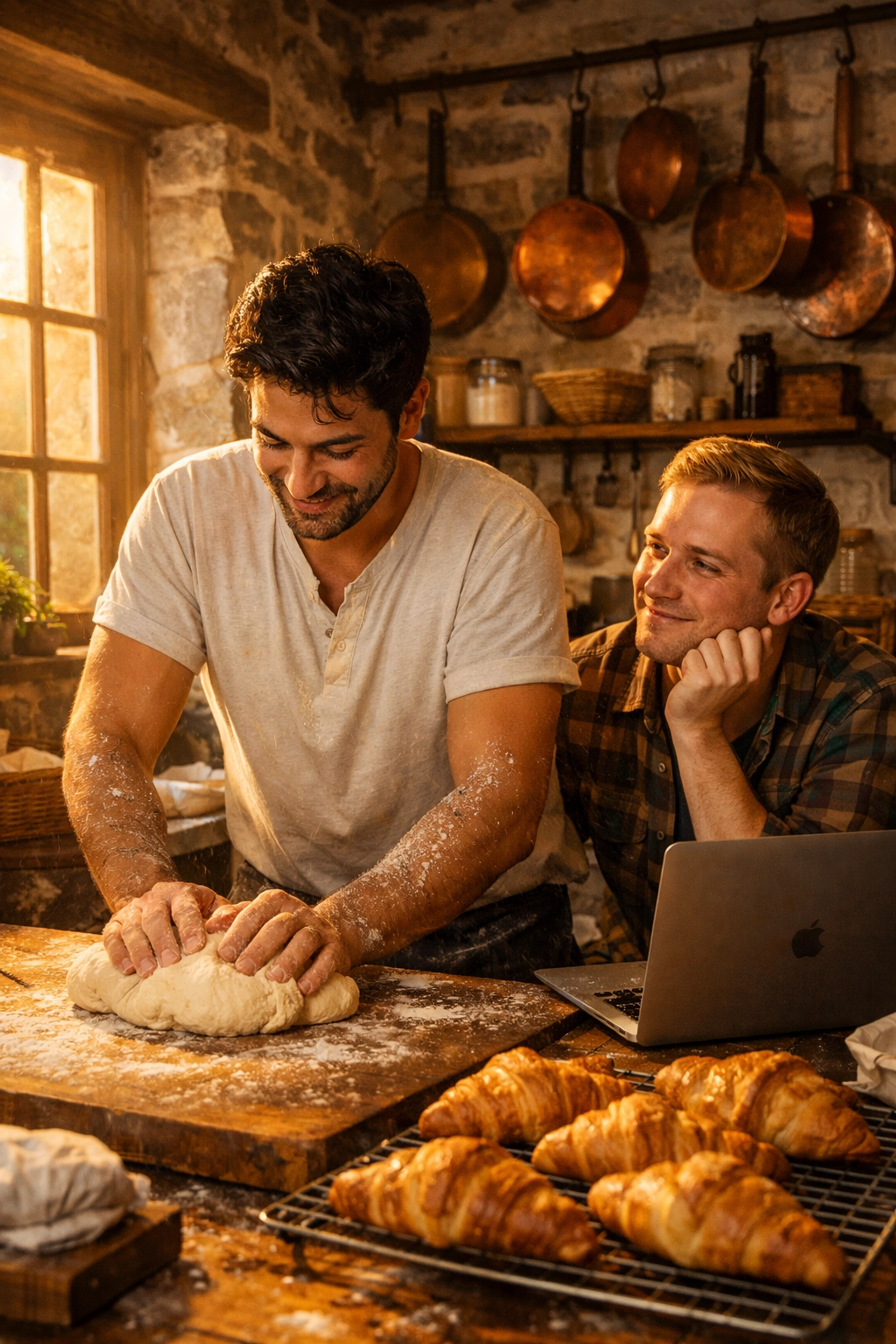 Gay couple in Quebec City bakery - baker kneading dough while poet watches in historic stone kitchen