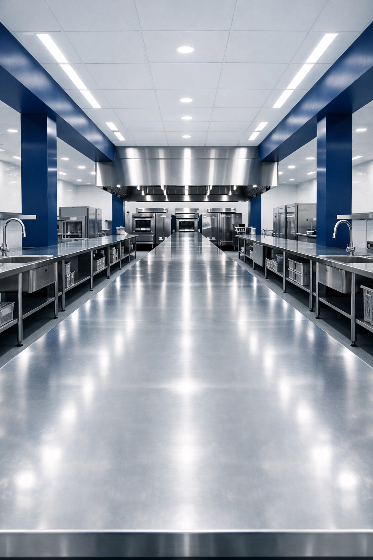 Large-scale catering prep facility in Peabody with immaculate stainless steel workstations.