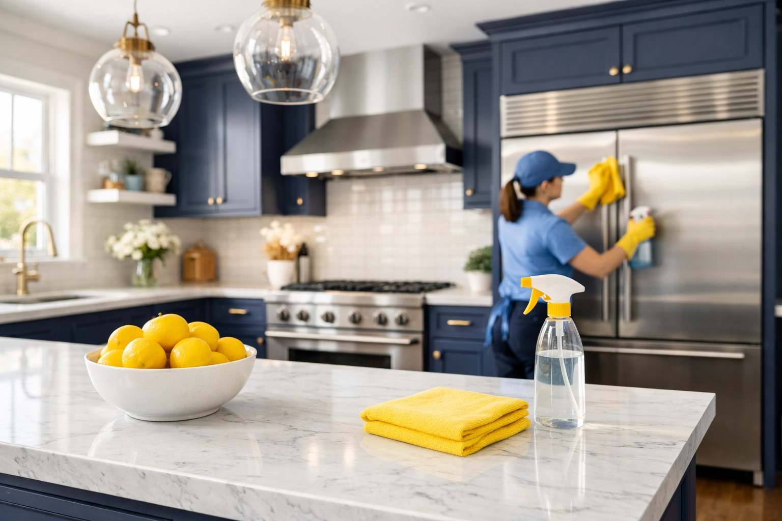 Professional move-in cleaning service sanitizing a modern Boston kitchen with white marble countertops.