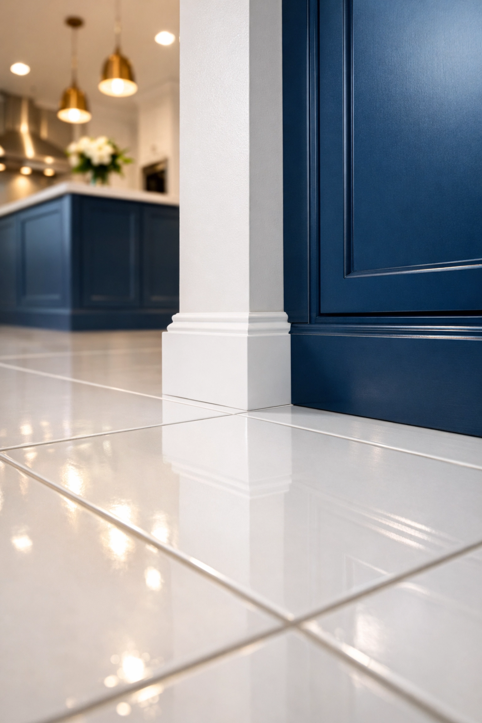 Spotless kitchen tiles and baseboards highlighting the results of a professional deep cleaning.