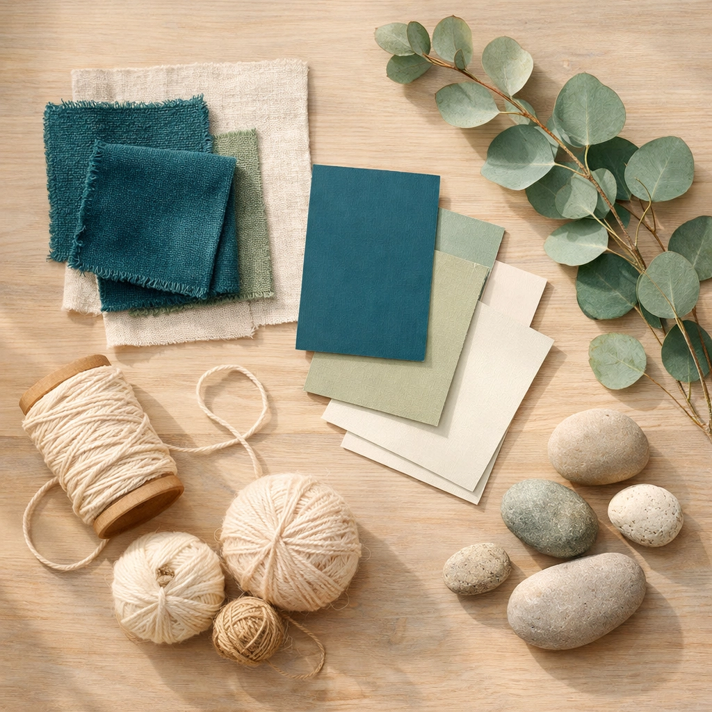 2026 color trend swatches featuring teal, sage green, and natural materials for home design