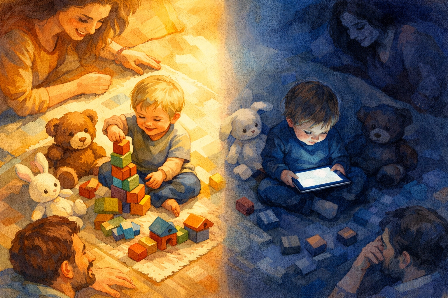 Young child playing with blocks versus using tablet showing healthy screen time boundaries