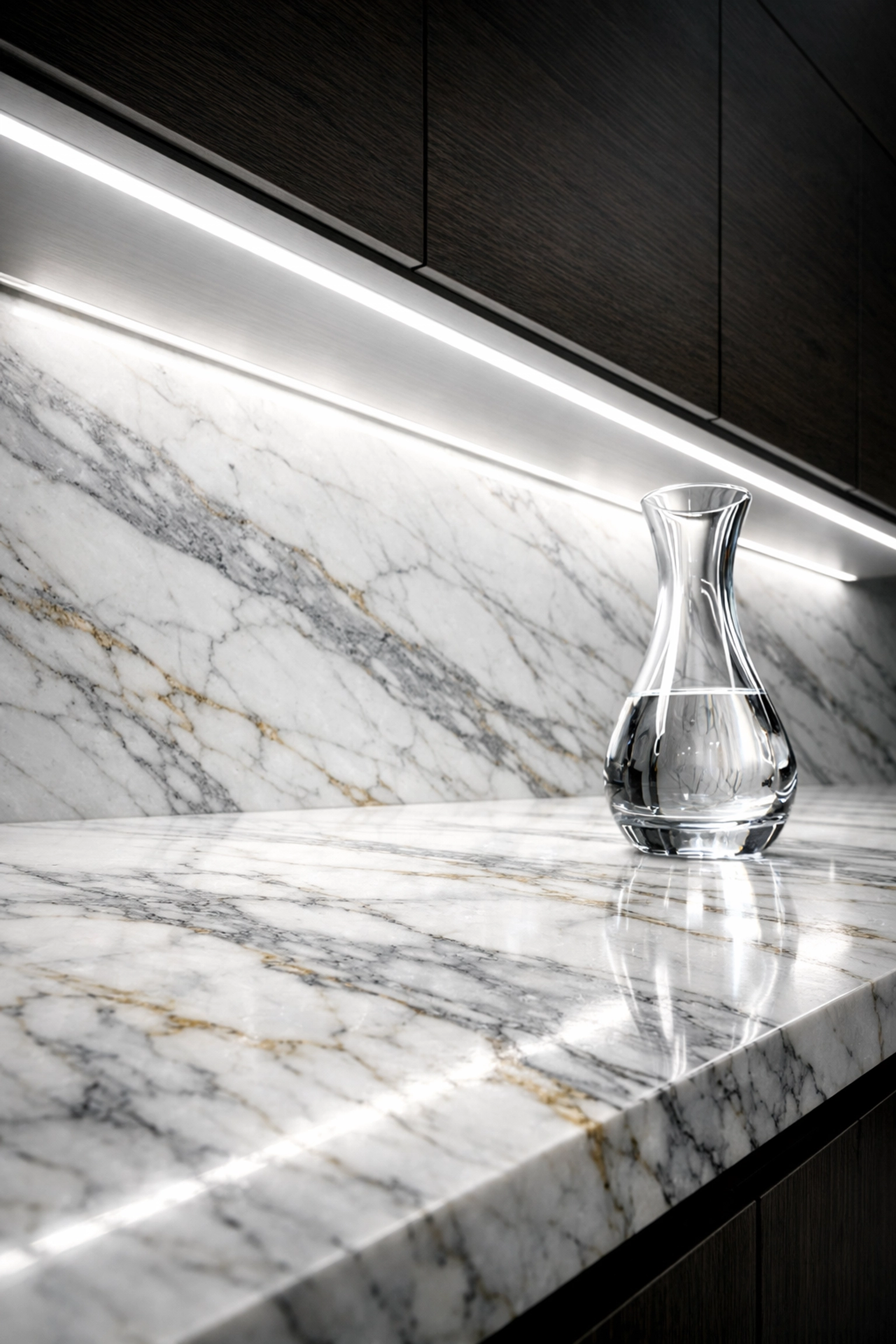 Under-cabinet LED lighting illuminating a marble countertop and highlighting natural stone textures.