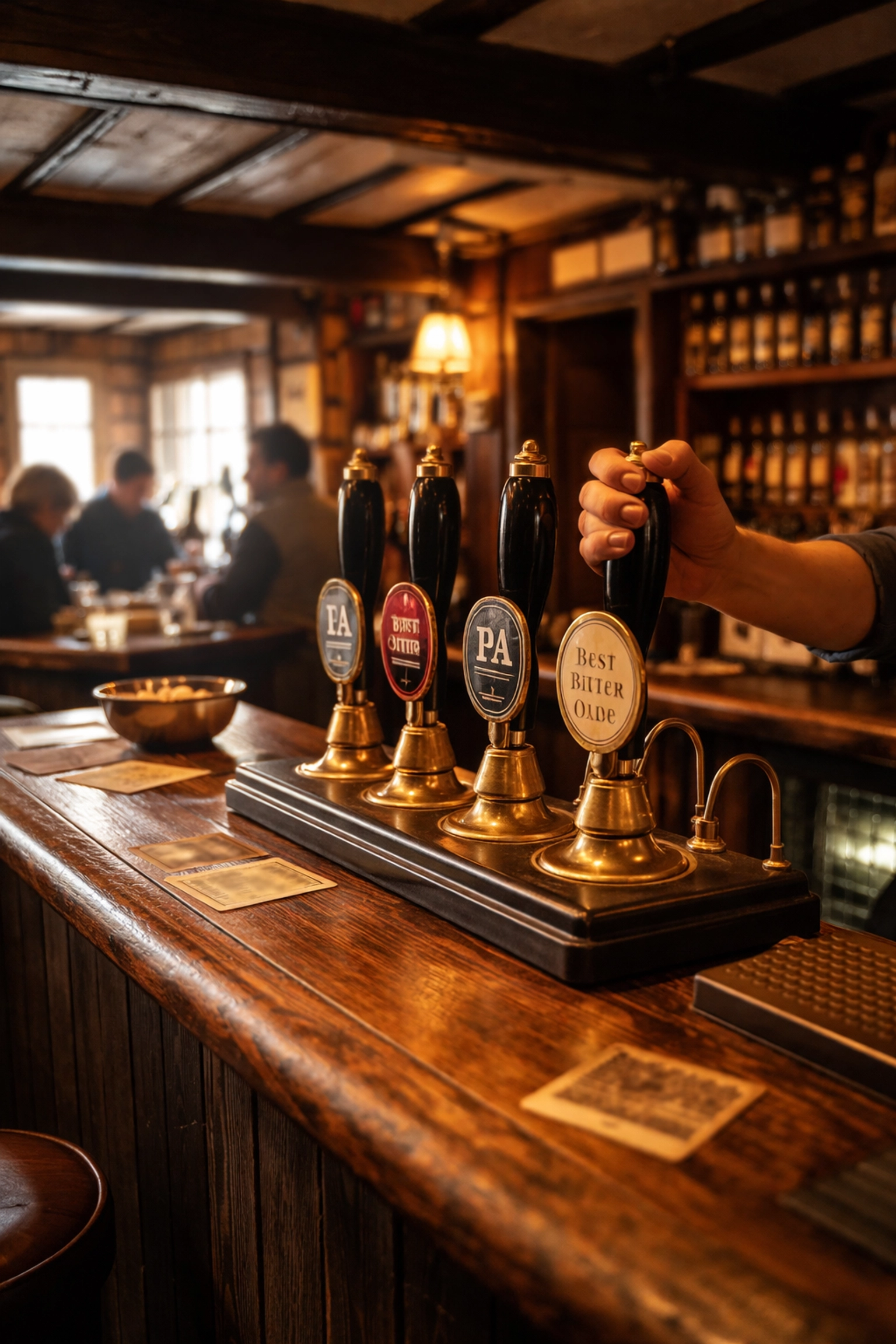 Traditional English pub bar with hand pumps for real ale in a cozy Cotswold village setting