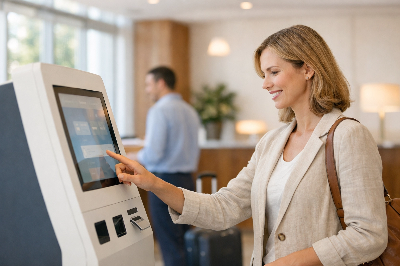 Guest checking in at hotel self-service kiosk with staff assistance