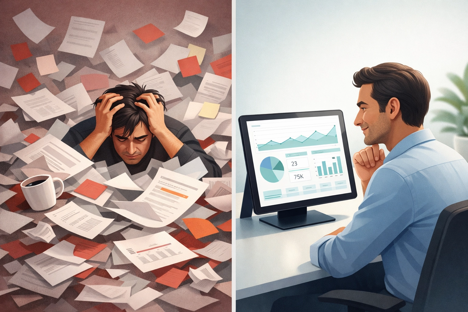 Before and after comparison: messy spreadsheets transformed into organized KPI dashboard