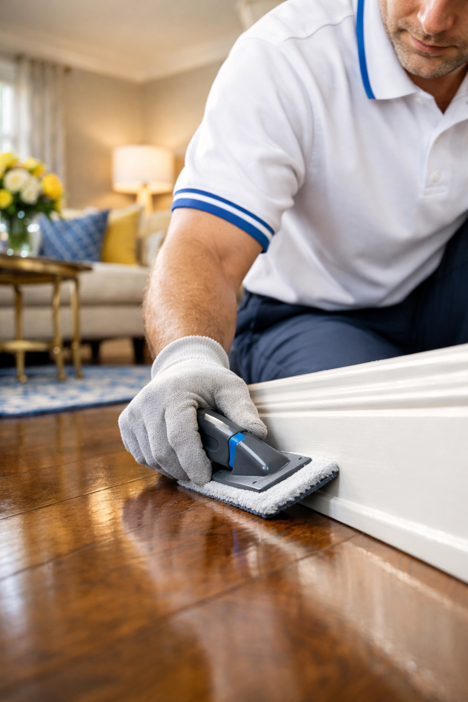 Meticulous deep cleaning Southborough service highlighting detailed baseboard and hardwood floor care.