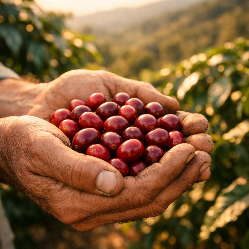 Ripe red coffee cherries held by a farmer, representing ethical sourcing from premium coffee suppliers.