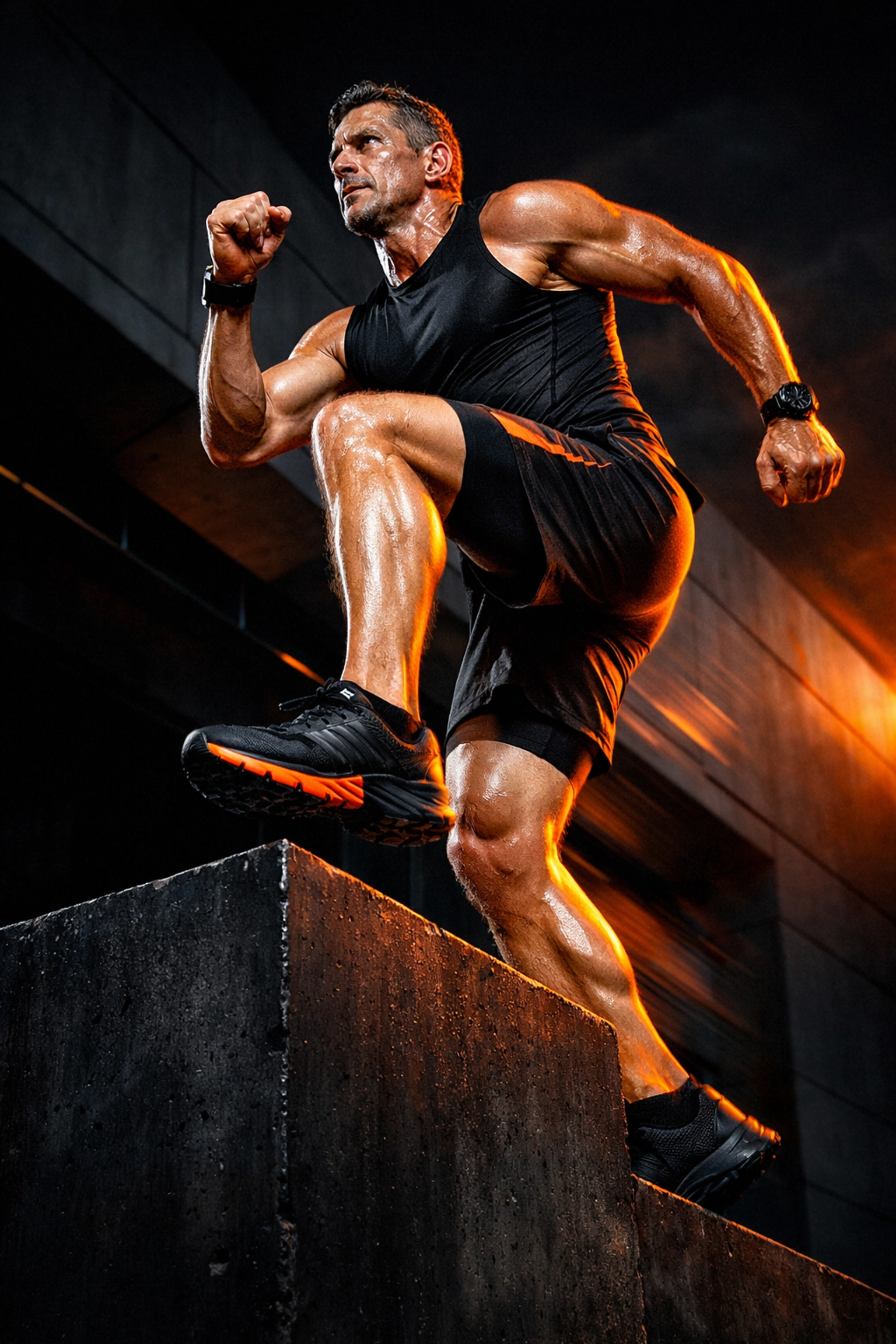 Fit athlete over 40 doing strength training step-ups for a beginner marathon training plan.