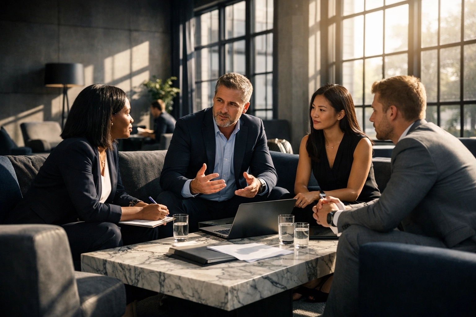 A diverse corporate team engaged in collaborative resilience training in a modern office lounge setting.