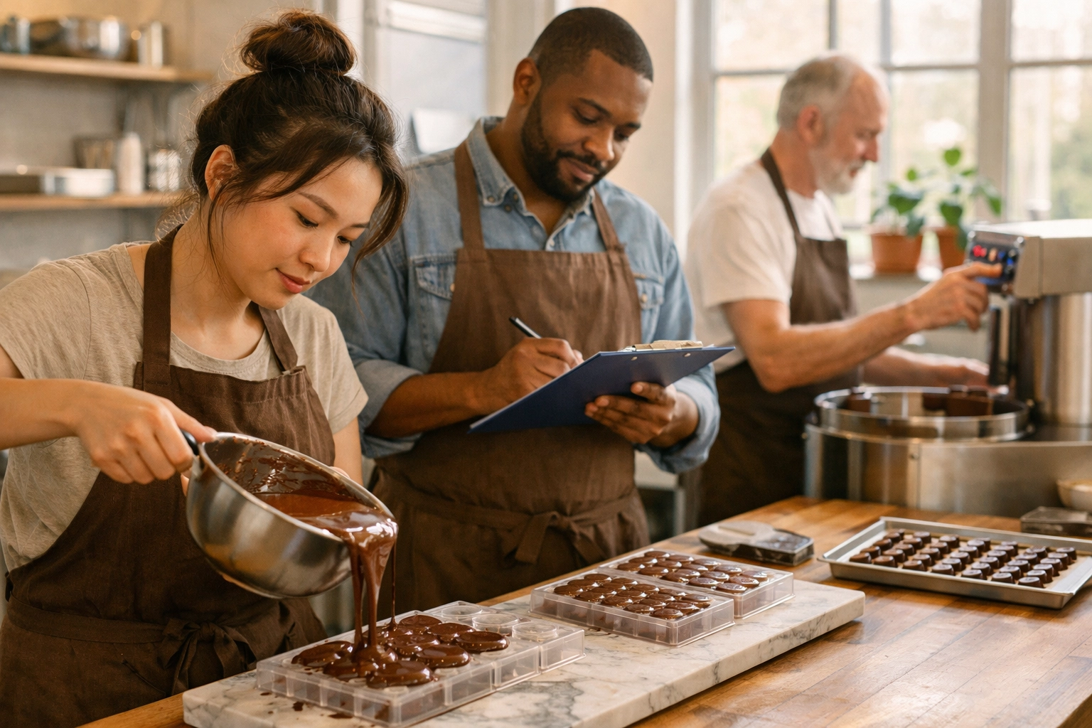 Team of artisan chocolate makers collaborating in production facility