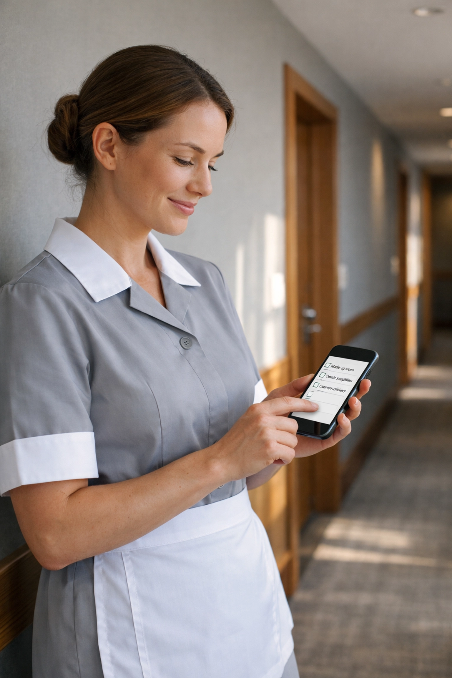 Hotel housekeeper using smartphone for automated room status updates