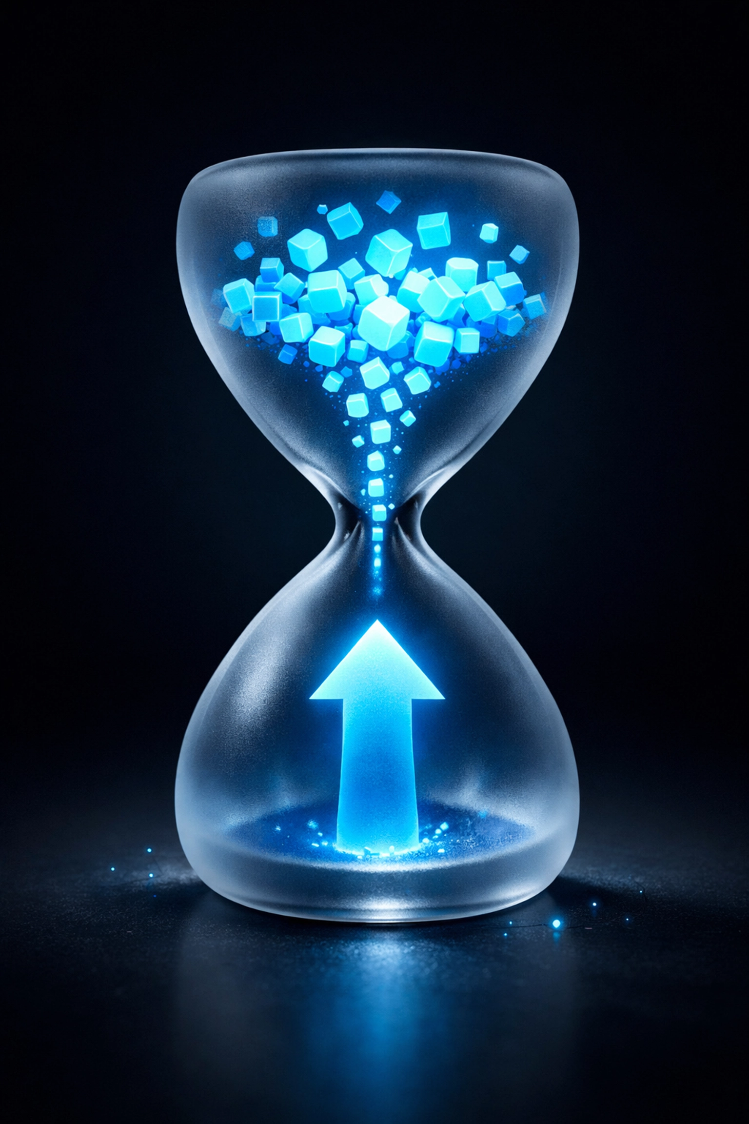Hourglass with blue blocks turning into an upward arrow showing time saved for business growth.